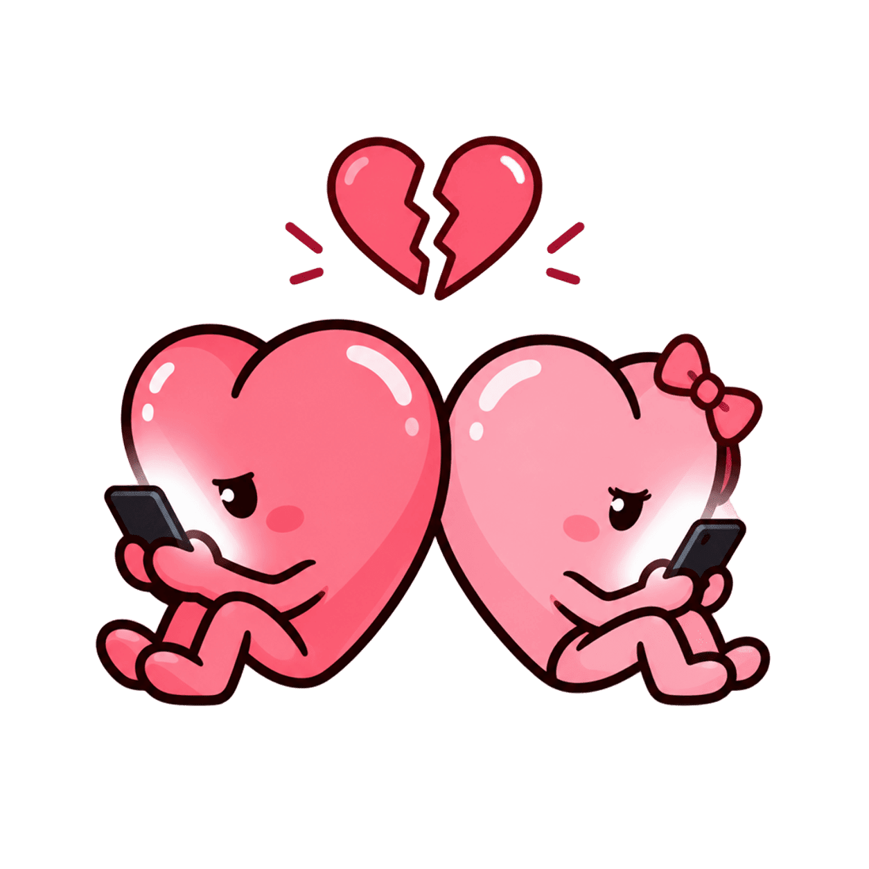 Two hearts sitting side by side, each absorbed in their own phone instead of each other
