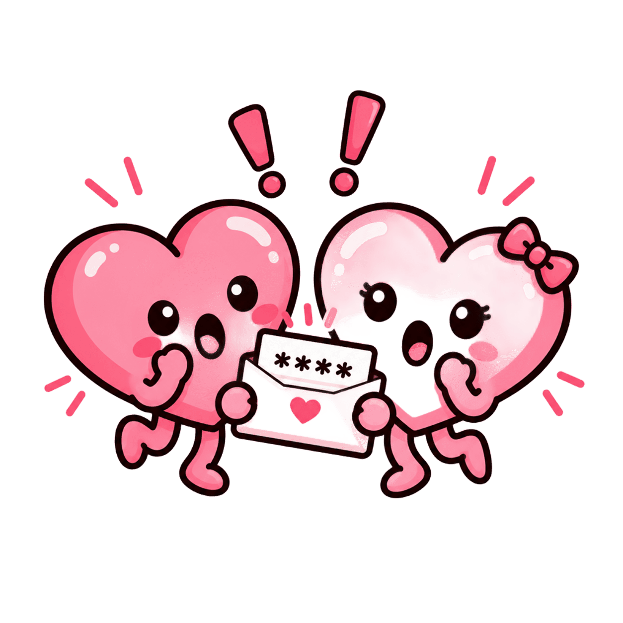 Two hearts surprised, holding a private message together