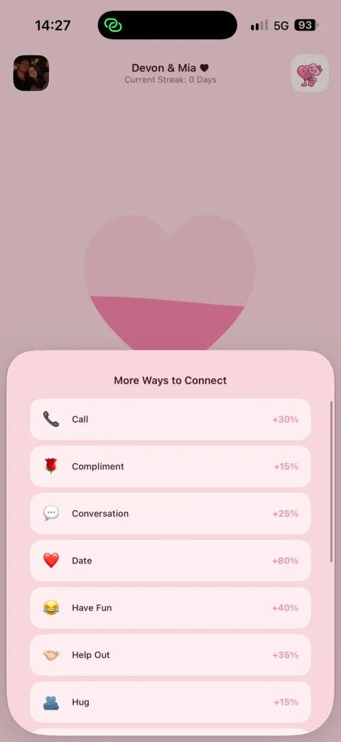 The More Ways to Connect list in Buffaly with Call, Compliment, Conversation, Date, Have Fun, Help Out and Hug